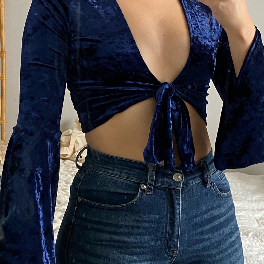 Tie -front velvet blouse